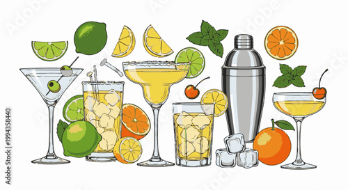 Colorful assortment of refreshing cocktails with citrus fruits, mint leaves, and ice cubes