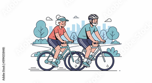 Elderly couple cycling through a park with city buildings in the background