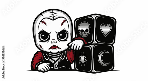 Creepy doll with stitches and dark icons on blocks, a gothic playful design