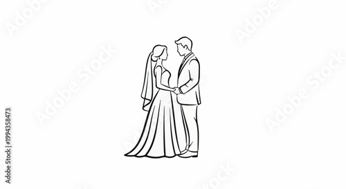 Elegant wedding illustration of a bride in a flowing gown and groom in a suit, holding hands