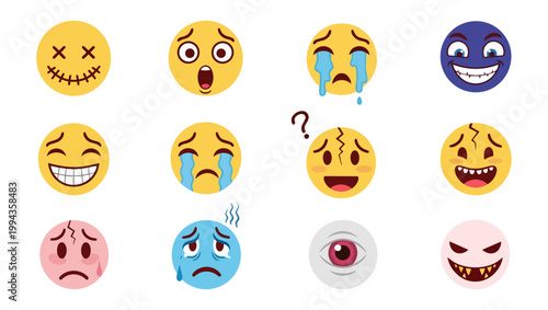 Collection of emoji faces displaying varied emotions against dark background