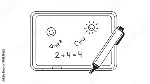 Educational Illustration of Mathematical Equations and Sun with Pencil.