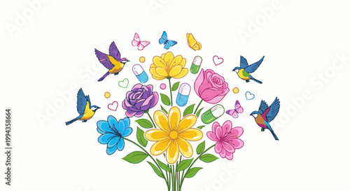 Colorful birds, butterflies, and flowers interspersed with medicinal capsules and hearts