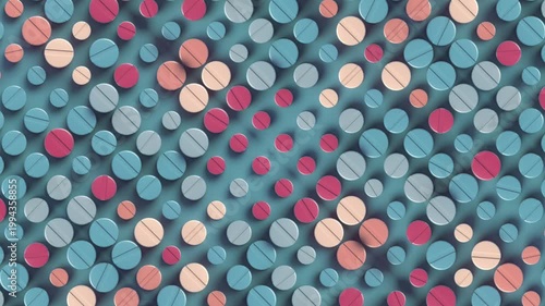 Symmetrical 3D animation with a pulsating pattern of pills in coral and purple tones. Seamless looping graphics with rhythmic changes in lighting and volume. Perfect for design