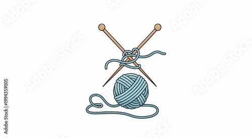 Crossed knitting needles with a ball of blue yarn unraveling