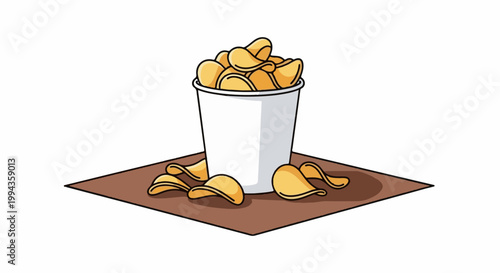 Crispy golden chips overflowing from a white cup, scattered on a brown surface