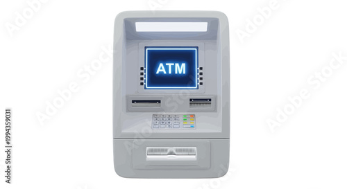 An automated teller machine with a blue glowing screen