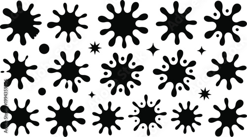 Black Ink Splatter Shapes and Stars on White Background