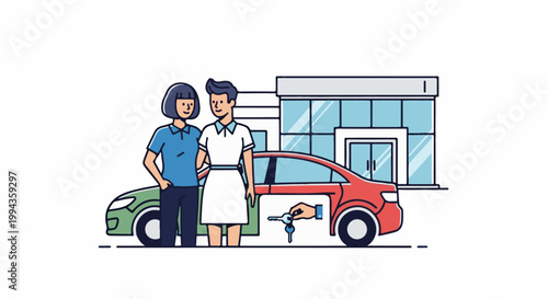 Couple receives car keys outside a dealership with two vehicles