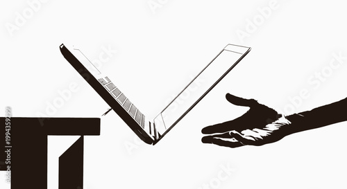 A hand reaching out to touch an open laptop computer on a table