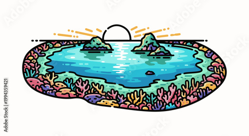 Colorful coral reef with islands and a rising sun