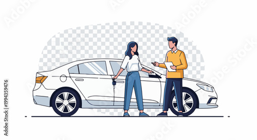 Couple receives car keys from representative next to a new white sedan