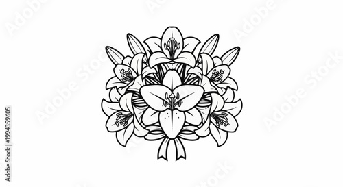 Black and white illustration of a symmetrical bouquet of lilies tied with a ribbon