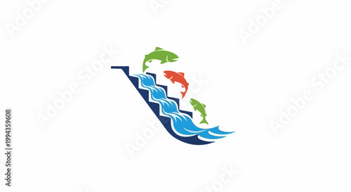 Colorful fish leap up a cascading waterfall with steps