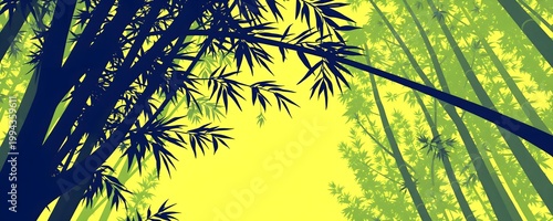 Vibrant Bamboo Forest Canopy – Sunlit Green and Yellow Jungle Background with Tall Bamboo Trees, Lush Foliage, Nature Landscape for Eco Design