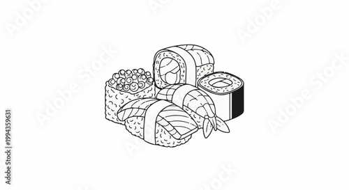 Assortment of Japanese sushi pieces, including nigiri with shrimp and salmon, and maki rolls