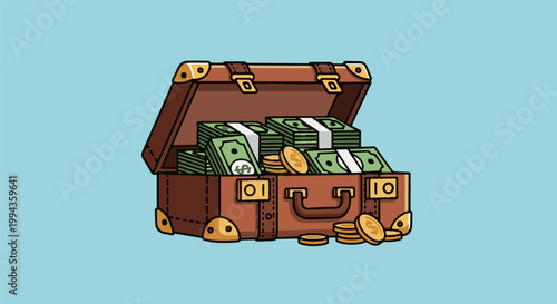 An opened brown briefcase overflowing with stacks of cash and scattered coins
