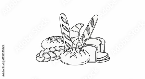 Assortment of fresh baked goods, including loaves, rolls, and a croissant