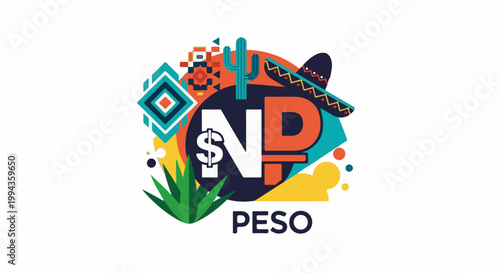 Colorful geometric design with Mexican cultural elements, cactus, sombrero, and currency symbols