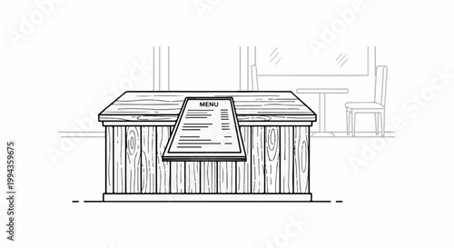 A wooden counter with a menu stands before an outdoor cafe table and chair