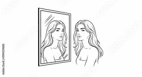 A woman gazes into a mirror, her reflection staring back