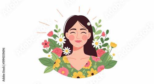 A woman smiles with eyes closed, surrounded by colorful flowers and green leaves