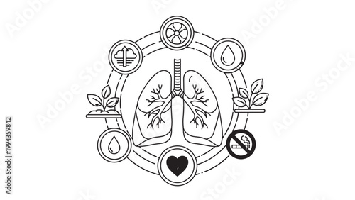 Detailed Illustration of Human Lungs with Medical and Health Symbols.