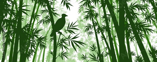 Bamboo Forest with Bird Silhouette – Lush Green Jungle Scene with Perched Bird, Dense Bamboo Trees, Nature Wildlife Background for Eco Design