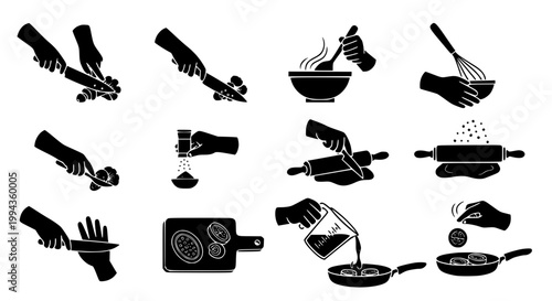 Cooking process silhouette icons with hands using kitchen tools chopping stirring whisking and preparing food vector set