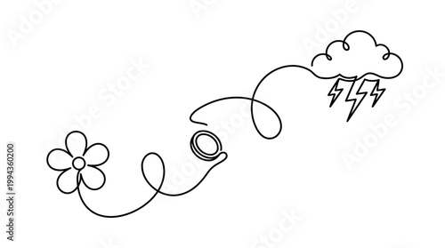 Continuous Line Drawing of Tossed Coin Showing Flower and Storm Cloud Minimalist Vector