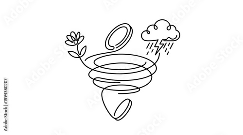 Continuous Line Drawing of Tossed Coin Showing Flower and Storm Cloud Minimalist Vector