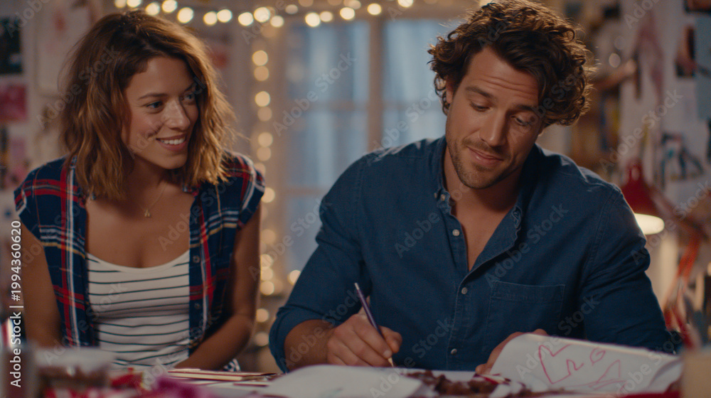 Fototapeta premium Couple making crafts together indoors