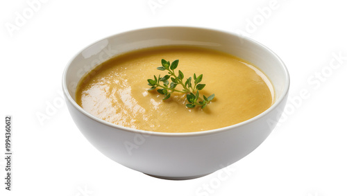 Photos Creamy orange soup in white bowl garnished with fresh thyme sprig