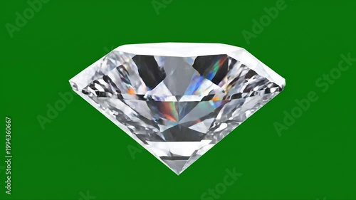 3D diamond gemstone with rainbow prism light reflection on green background
