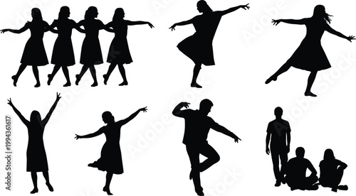 Dancing people silhouette collection, graceful dancers performing artistic movements, ballet and contemporary dance poses, black vector illustration isolated background