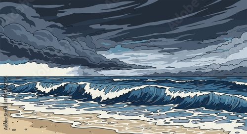 Dark clouds loom over crashing waves on a sandy beach