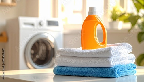 Bright orange laundry detergent bottle placed on top of neatly folded white and blue towels inside clean modern washroom space