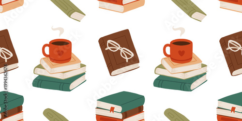 Cozy reading seamless pattern with stacks of books, coffee cup and glasses. Hand drawn vector illustration on white background. Book lover, library, hygge concept.