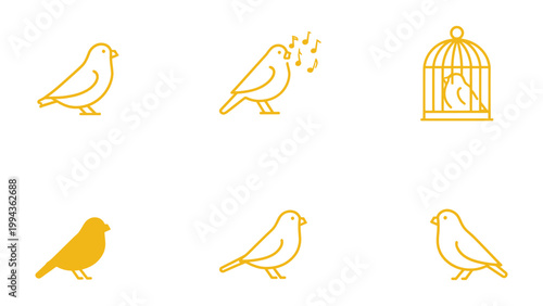 Golden Bird Icon Set: A collection of meticulously crafted line art icons showcasing a charming, golden bird in various poses, including singing and perched in a cage. 