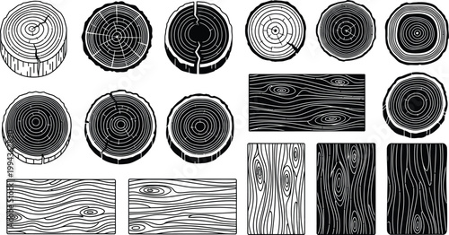 Collection of black and white vector wood grain textures featuring various tree ring cross sections and rectangular timber planks for rustic design projects