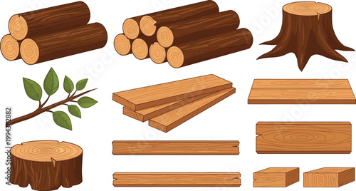 Collection of vector wood elements including logs, tree stumps, timber planks, wooden boards, and a green leafy branch for forestry design.