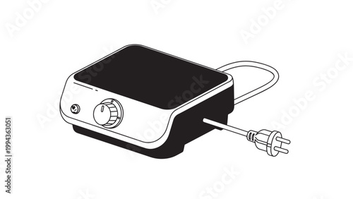 Close-up of a black and white electric appliance with a power cord and control knob.