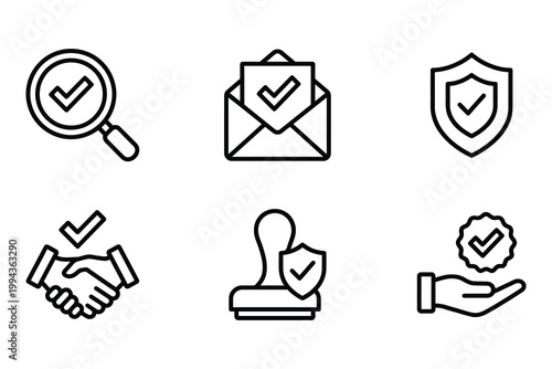 Modern minimalist icon set featuring verification approval and security trust symbols for business and technology use
