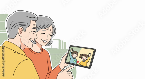 Elderly couple video calling grandchildren on tablet, vector illustration of family connection and modern communication technology for seniors.
