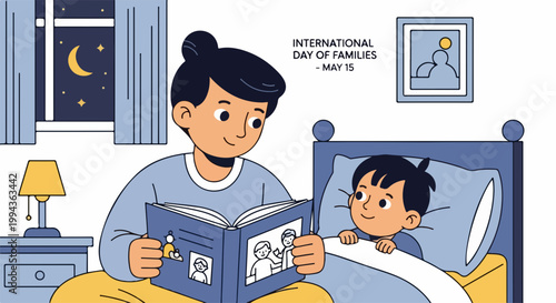Vector illustration of parent reading bedtime story to child in cozy bedroom setting for International Day of Families.