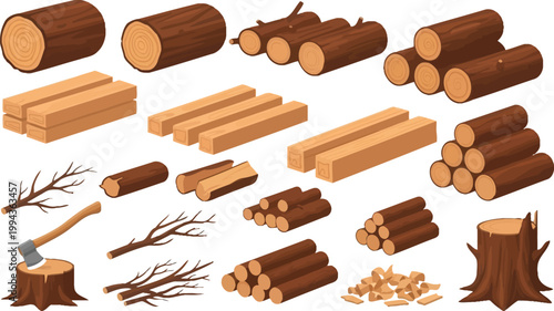 Comprehensive vector illustration set featuring various wood logs, timber planks, stacked firewood, tree stumps, an axe, and dry branches for forestry design.