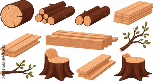 Vector illustration set of wood industry elements including logs, timber planks, tree stumps, and leafy branches for forestry and construction design projects.