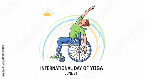 Vector illustration of person in wheelchair practicing yoga on International Day of Yoga. Inclusive fitness and wellness concept for adaptive sports.