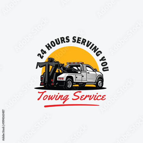 24 Hours Towing Service Logo with Tow Truck Illustration