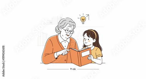 Elderly woman teaching young woman reading book, vector illustration. Knowledge sharing concept for education and learning. Idea generation for childrens development and wisdom.